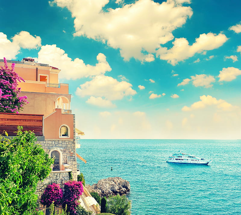 Sea View, bonito, blue, boat, flowers, nature, sky, water, HD wallpaper