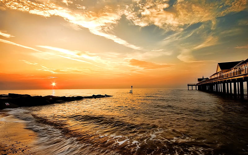 Pier at sunset, sun, ocean, waves, clouds, red sky, HD wallpaper