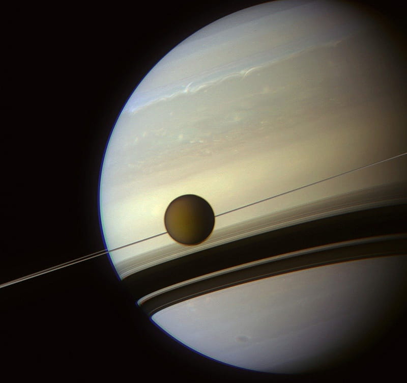 Saturn and Titan, moon, titan, planet, saturn, HD wallpaper