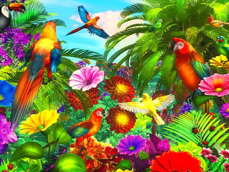 Parrot jungle, pretty, colorful, bonito, parrot, wild, jungle, flowers,  animals, HD wallpaper | Peakpx