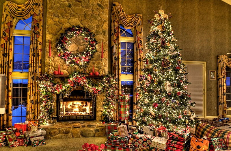 Christmas scenery, desoration, tree, gifts, chimney, windows, HD wallpaper