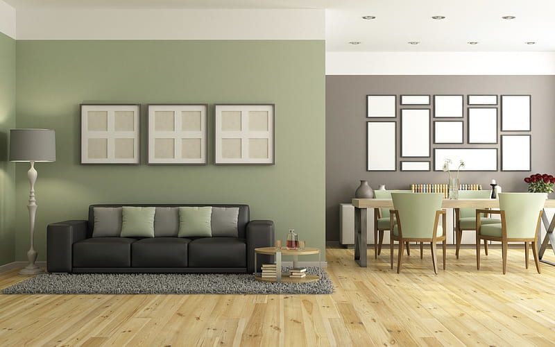 stylish green gray interior, living room, modern interior design, minimalism style, HD wallpaper