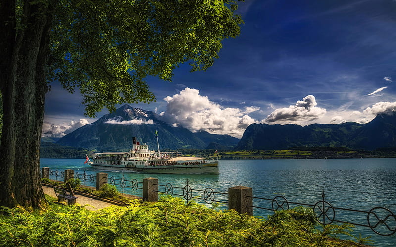 Lake Thun, Switzerland, mountain landscape, Alps, pleasure boat, motor ship, Oberhofen, HD wallpaper