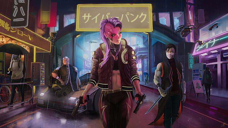 Purple Hair Cyberpunk Girl, HD wallpaper
