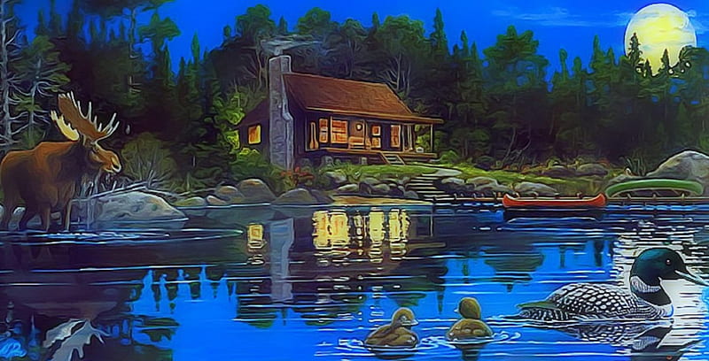 ★Reflections on Lakes★, architecture, family, cottages, panoramic view, canoes, attractions in dreams, bonito, most ed, seasons, paintings, boats, bull moose, full moon, scenery, animals, lakes, lovely, panoramic, love four seasons, birds, creative pre-made, peace, spring, paradise, moonlight, wildlife, nature, HD wallpaper