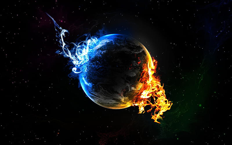 Earth in fire Earth from space, abstract art, creative, stars, sci-fi, universe, galaxy, NASA, planets, HD wallpaper