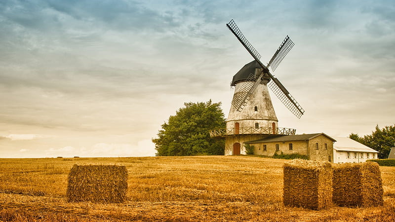 lovely windmill by a hay field, farm, fild, windmill, bales, hay, HD wallpaper