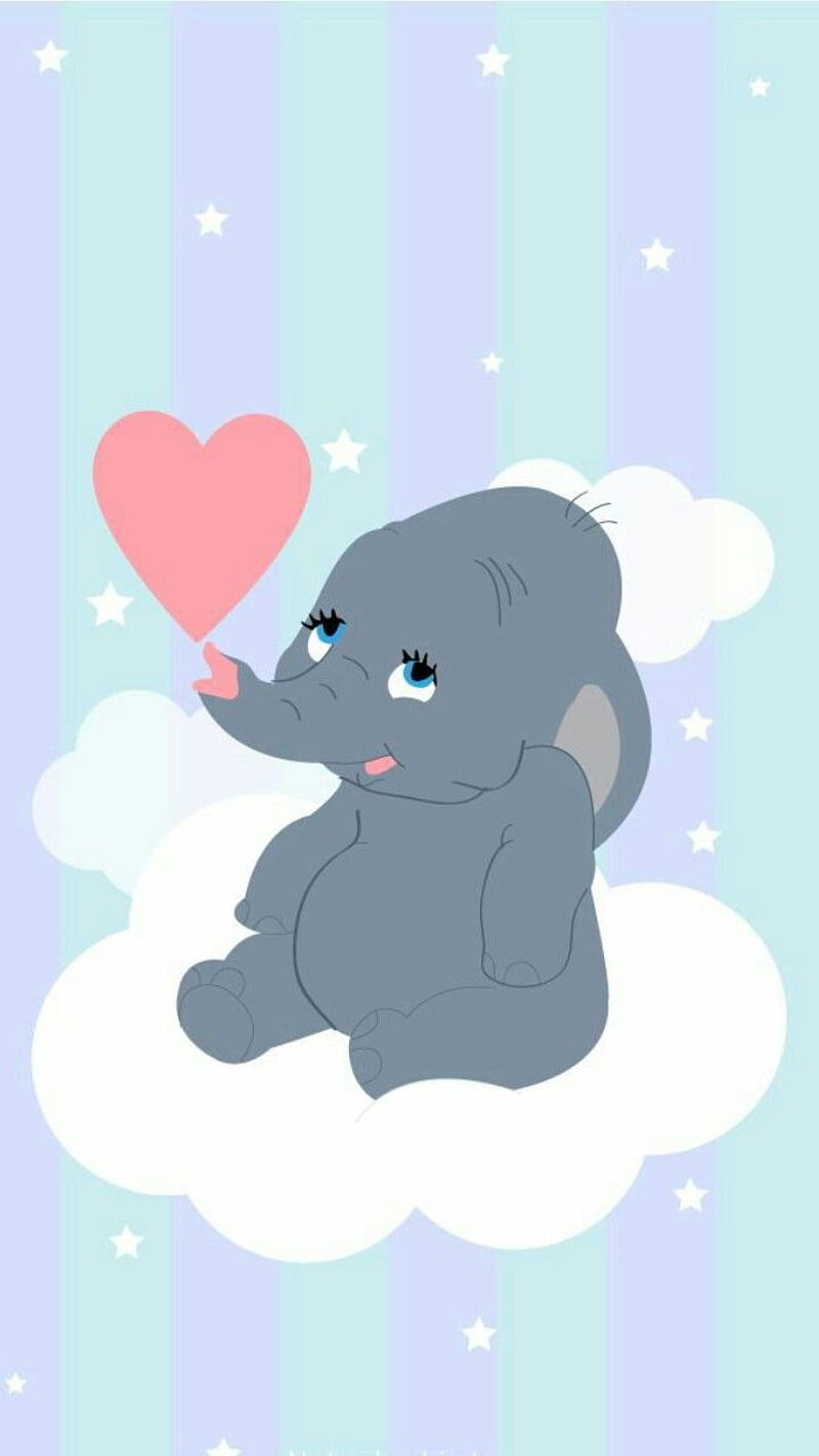baby dumbo, baby, clouds, cute, disney, dumbo, elephant, heart, HD phone wallpaper