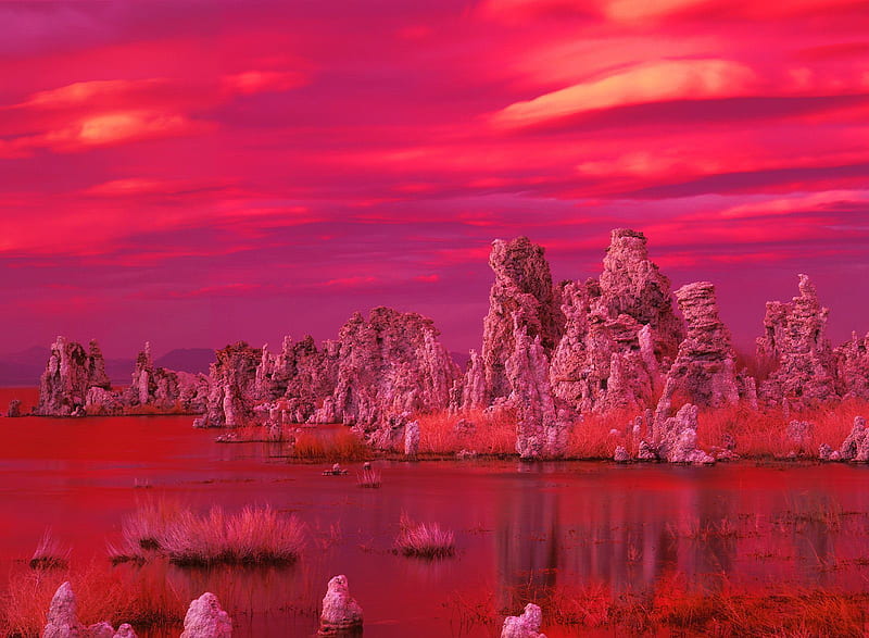 sunset on the lake, red, orange, california, tufa, mono, sunset, lake, formations, sunsets, nature, reflection, HD wallpaper