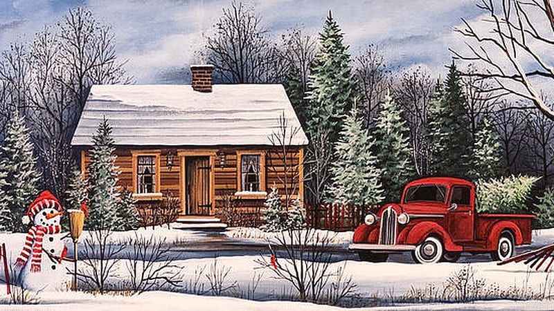 Winter Log Cabin , winter, houses, cozy, snow, truck, snowman, trees, HD wallpaper