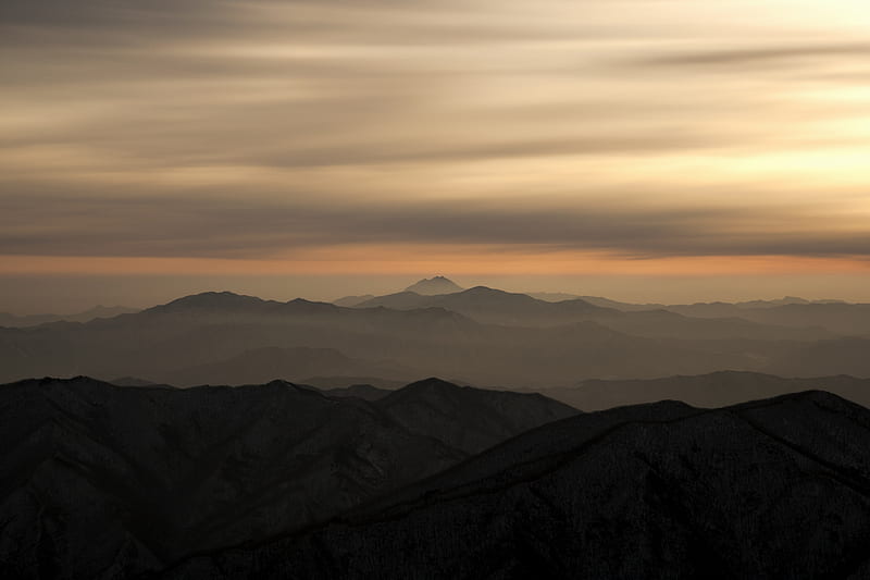 mountains, fog, sky, sunset, distance, HD wallpaper