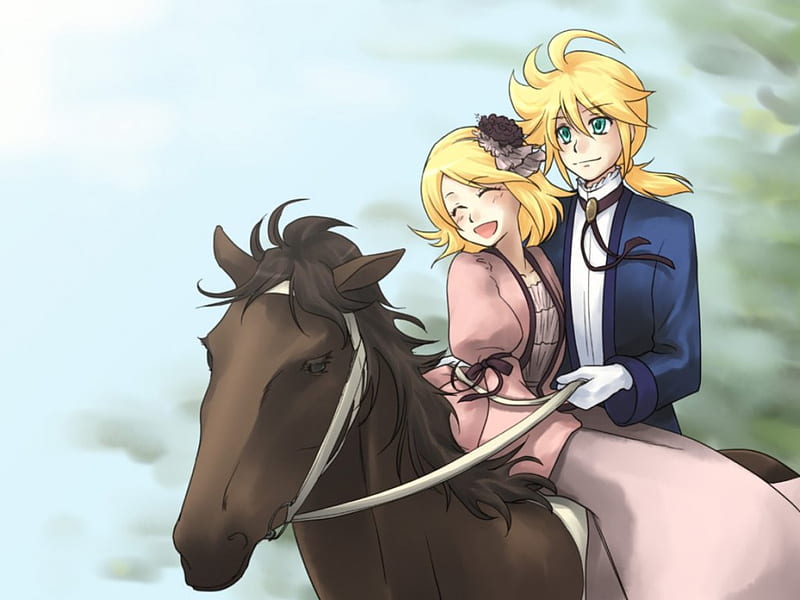 Horseback Riding, vocaloid, laughing, anime, horse, riding, happy, rin and len kagamine, HD wallpaper