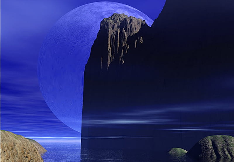 Monolith, rocks, art, fantasy, blue moon, landscapes, mountians, lake, HD wallpaper