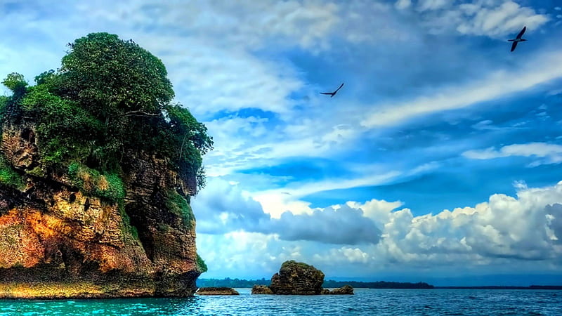 Bocas del Toro Island, Panama, rock, cliff, white, clouds, sky, sea, blue, HD wallpaper