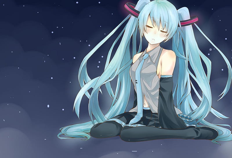 Sleepy Miku~, vocaloid, stars, miku, sky, unifrom, cute, blue hair, sitting, sleeing, night, HD wallpaper