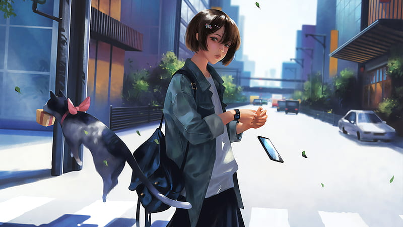Crosswalk Girl , anime-girl, anime, artist, artwork, digital-art, artstation, HD wallpaper