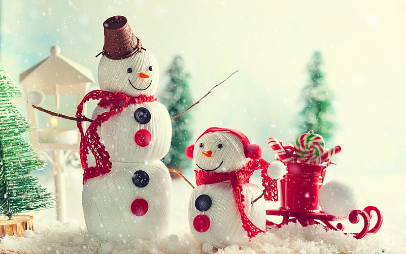 Snowmen, Christmas, Happy New Year, winter, Merry Christmas, background with snowmen, red sleigh, HD wallpaper