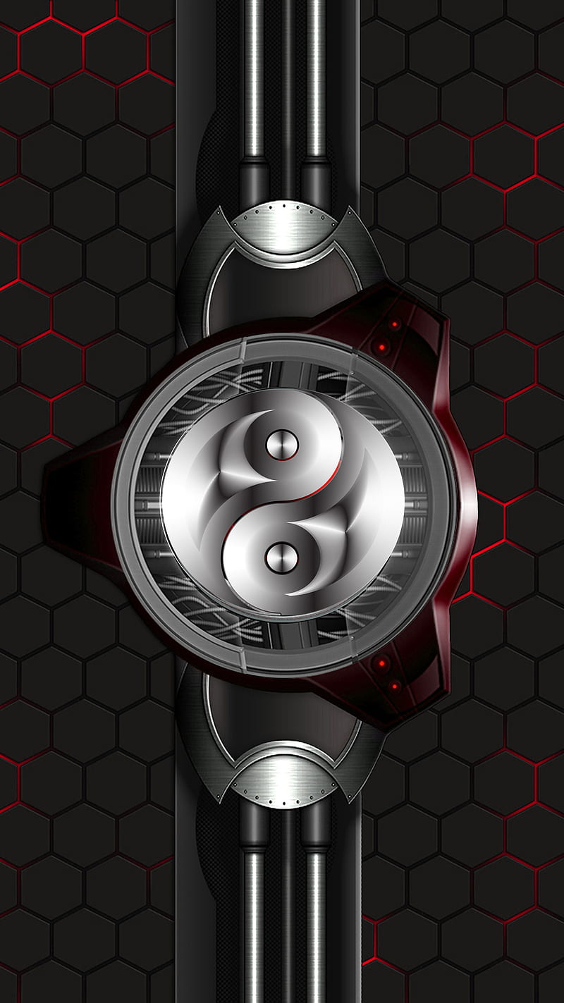 Clockwork Yin Yang, 929, black, clean, desenho, geometric, hex, metallic, modern, pattern, sllek, HD phone wallpaper