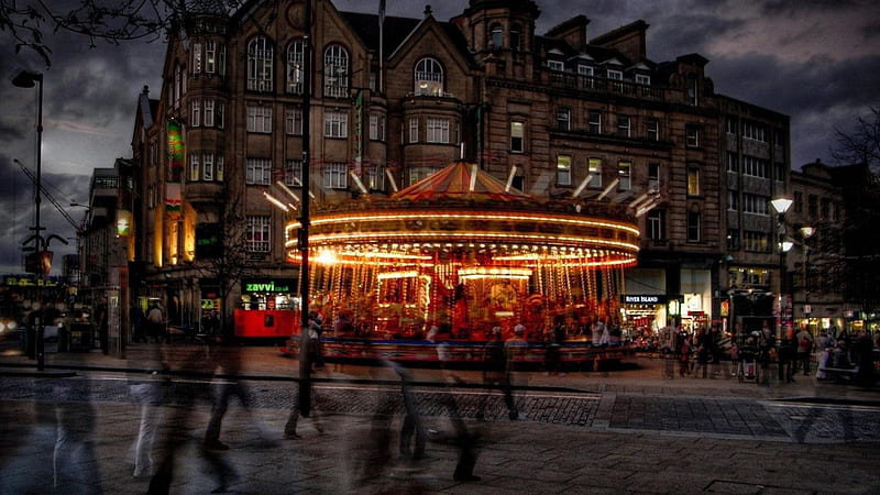 merry go round in sheffield england r, city, people, merry go round, r, lights, night, HD wallpaper