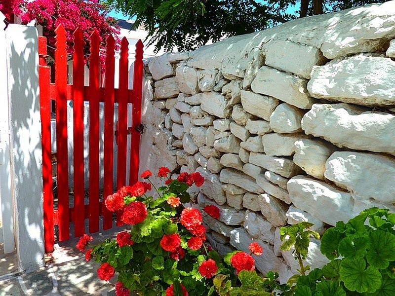 yard, red, stone, flowers, garden, wall, door, HD wallpaper