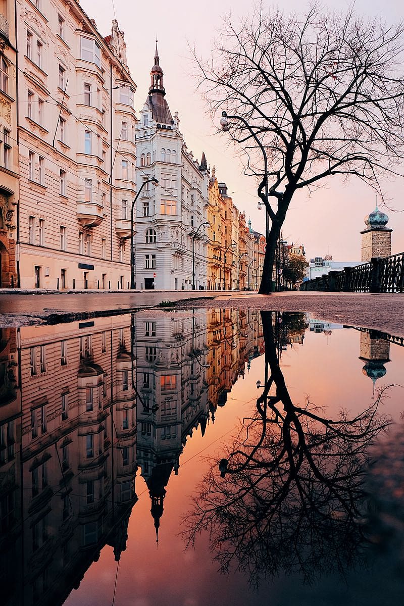 Architecture, Puddle, Reflection, City, Prague, Czechia Iphone 4s 4 For Parallax Background, HD phone wallpaper