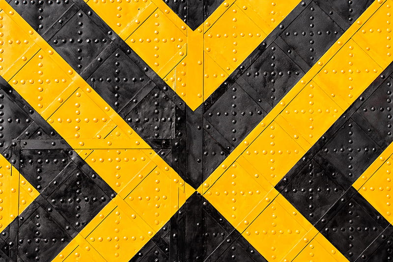 iron, marking, stripes, yellow, black, rivets, surface, HD wallpaper