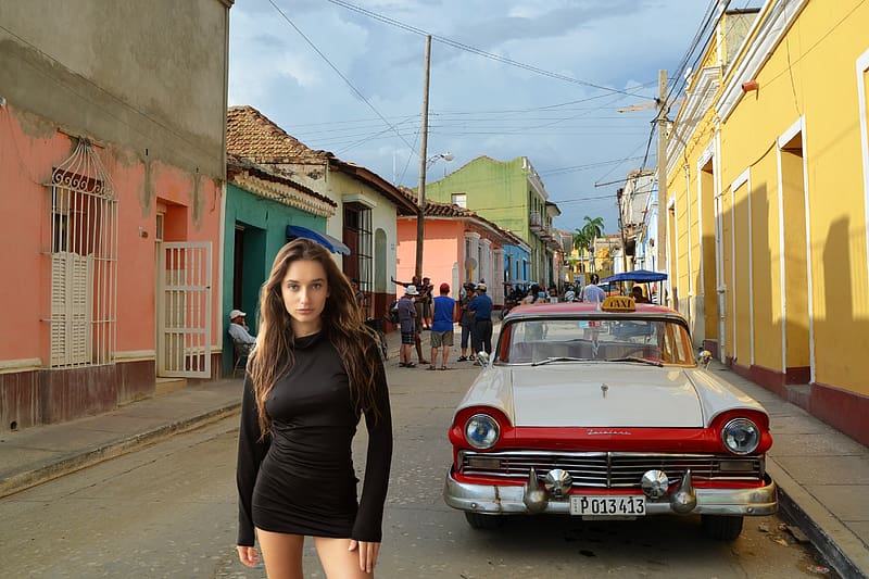 Gloria Sol Posing on a Cuban Street, car, brunette, mini dress, model, cuba, HD wallpaper