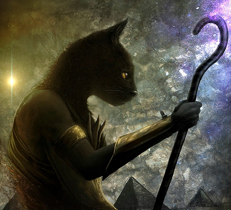 Bastet, art, luminos, goddess, black, cat, fantasy, pyramid, matkraken, pisica, creature, egypt, HD wallpaper