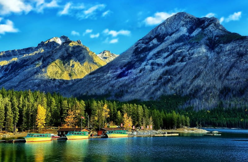 Lake Minnewanka, Alberta, Kanada, forest, water, landscape, mountains, HD wallpaper
