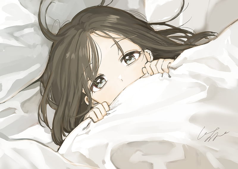 anime girl, sleepy, blanket, brown hair, cute, lazy, Anime, HD wallpaper