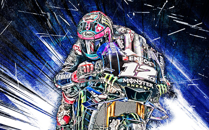 Maverick Vinales, MotoGP, grunge art, 2019 bikes, Yamaha YZR-M1, blue abstract rays, racing bikes, Monster Energy Yamaha MotoGP, Yamaha, Maverick Vinales Ruiz, HD wallpaper