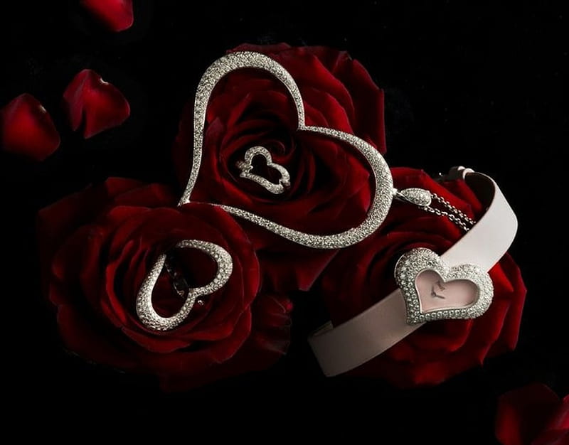 ❤❤❤, roses, jewelery, love, heart, HD wallpaper