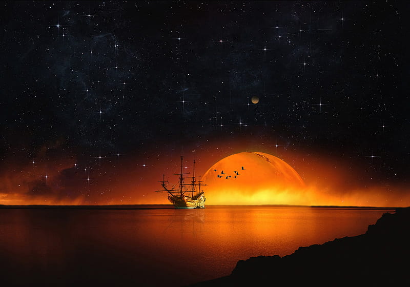 ship, starry sky, night, sea, hop, HD wallpaper
