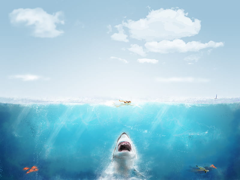 Theme from Jaws, shark, ocean, cartoon, woman, other, HD wallpaper