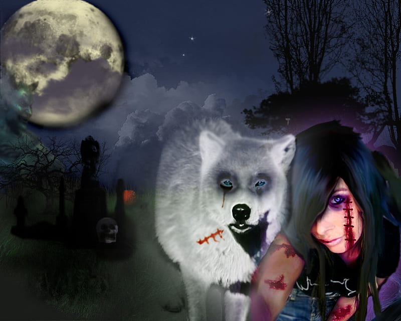 Sway and her Wolf, evil, horror, woman, cemetary, blood, goth, fantasy, moon, girl, gothic, dark, scary, graveyard, wolf, skull, night, HD wallpaper