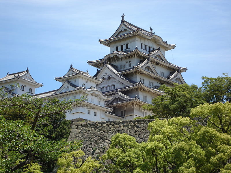 Himeji, japan, building, culture, structure, japanese, trees, wall, HD wallpaper