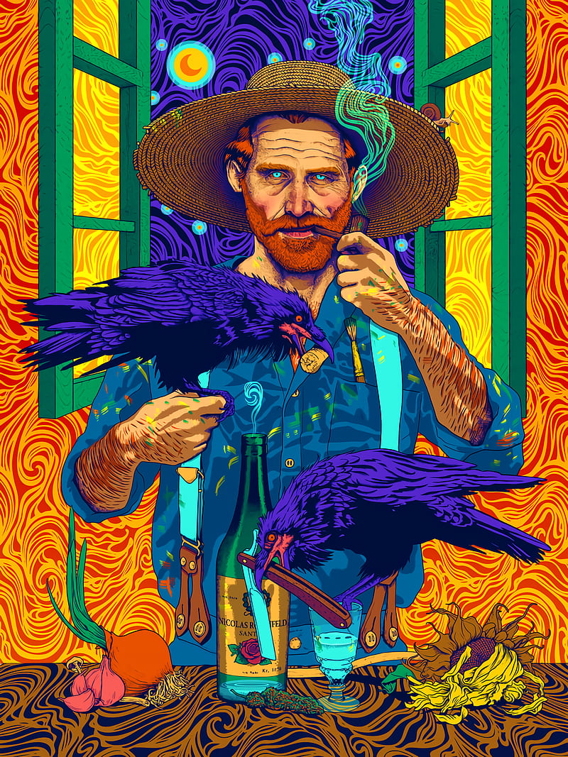 Nicolás Rosenfeld, artwork, birds, Vincent van Gogh, paint brushes, psicodelia, crow, orange, HD phone wallpaper