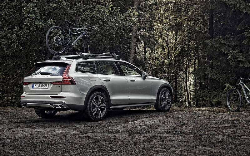 Volvo V60 Cross Country, 2019, rear view, exterior, estate, new silver V60, carriage of bicycles by car, Volvo, HD wallpaper