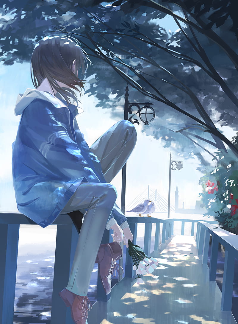 anime girls, sitting, fence, flowers, trees, vertical, portrait display, birds, lamp, HD phone wallpaper
