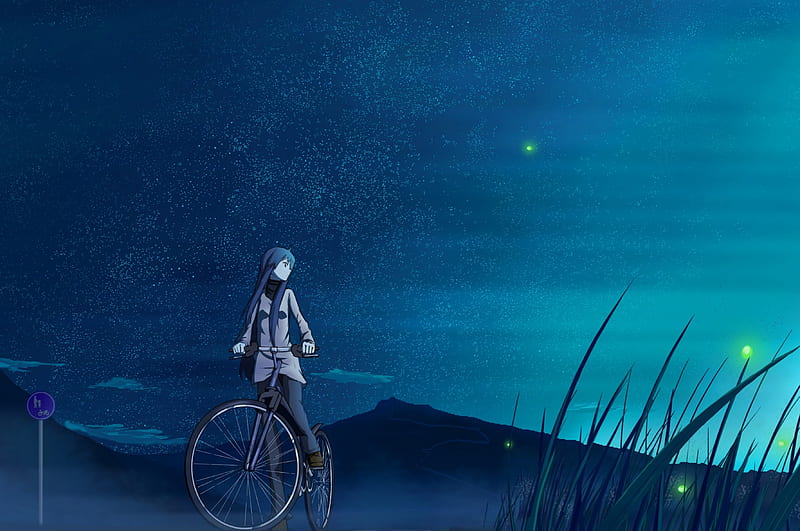 Beautiful night, mountain, stars, pretty, girl, anime, bicycle, anime girl, night, HD wallpaper