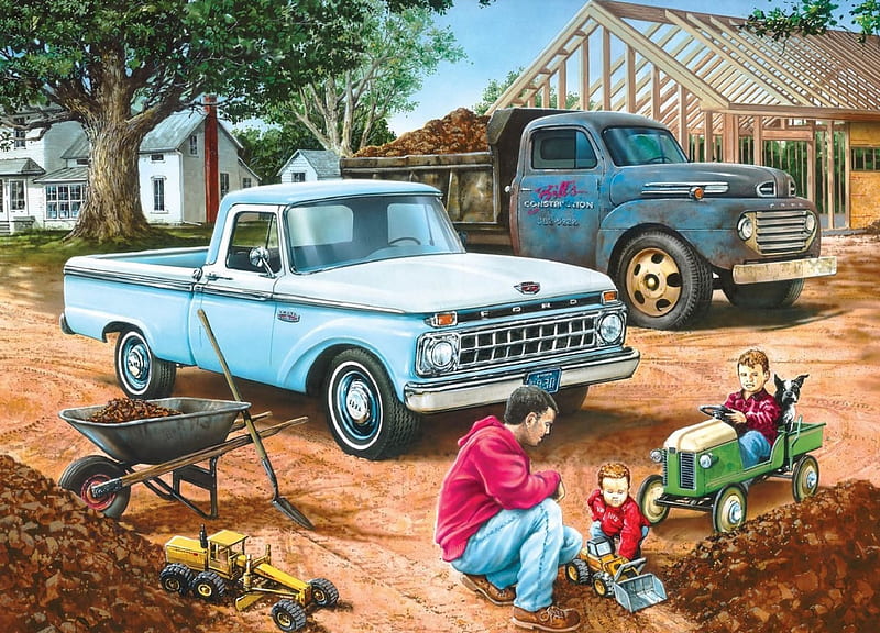Learning The Trade, dad, pick up, ford, children, construction, HD wallpaper