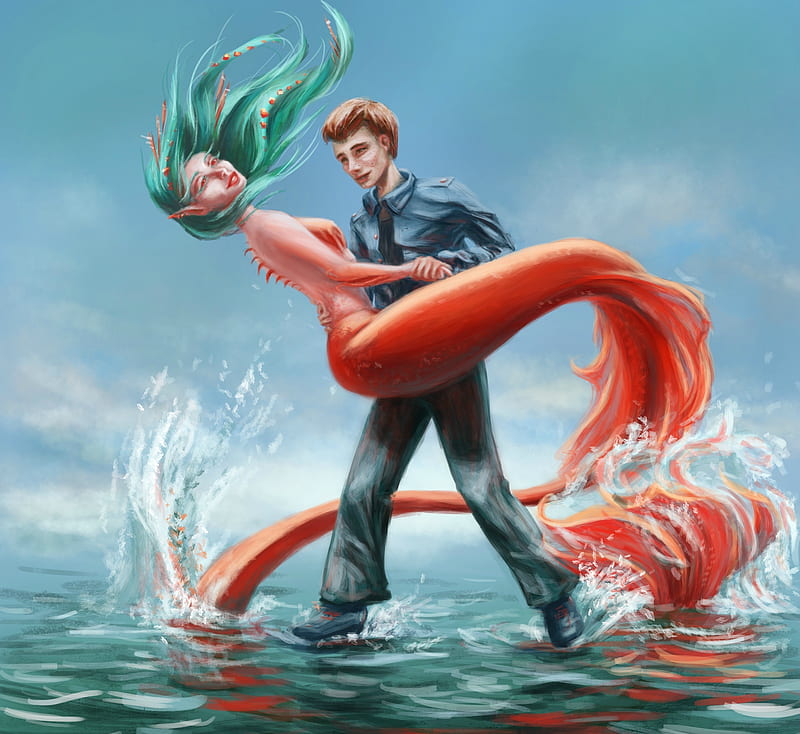 Taking home the mermaid, red, art, luminos, mermaid, man, fantasy, girl,  love, HD wallpaper | Peakpx