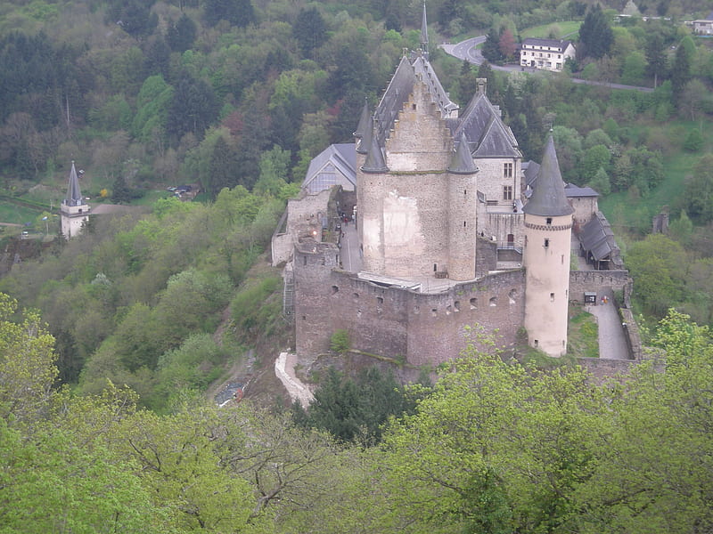 Vianden castle, loopholes, roofs, walled-in, trees, castle, HD wallpaper