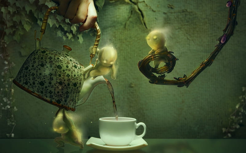 Tea party, spirit, fantasy, green, cup, creative, kettle, HD wallpaper