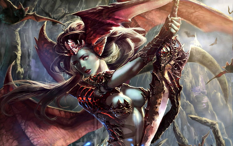 Devil Banshee, red, art, legend of the cryptids, game, xiaobotong, woman, demon, fantasy, girl, HD wallpaper