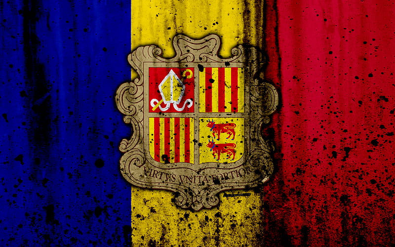 Andorran flag, 4к, grunge, flag of Andorra, Europe, national symbols, Andorra, coat of arms Andorra, Andorrian coat of arms, HD wallpaper