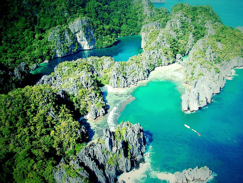 Miniloc Island, forest, beach, turquoise water, ocean, bonito, Philppines, island, basaltic rocks, HD wallpaper
