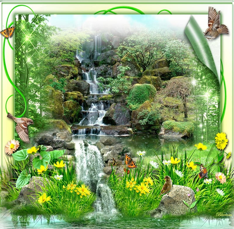 Dream landscape, forest, frame, birds, butterflies, spring, park, lake, waterfalls, fantasy, summer, flowers, nature, landscape, HD wallpaper