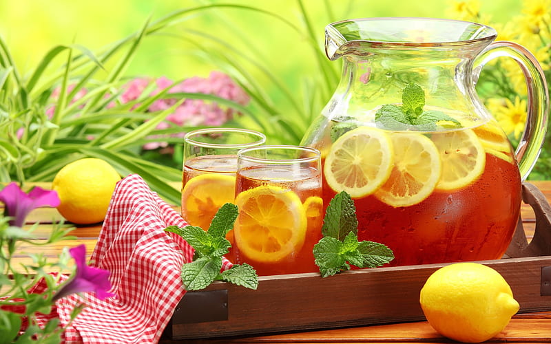Iced tea and lemon, Summer time, Ice, Tray, Mint leaf, Lime, HD wallpaper