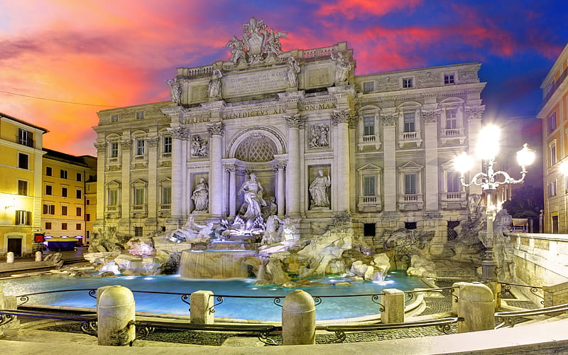 Trevi Fountain, Europe night, italian landmarks, Rome, Italy, HD wallpaper